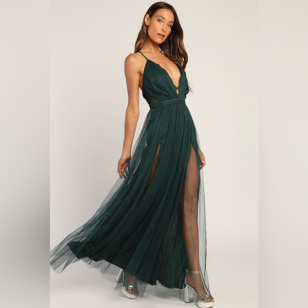 Lulu’s Forever Impressing Dark Green Tulle Sleeveless Maxi Dress